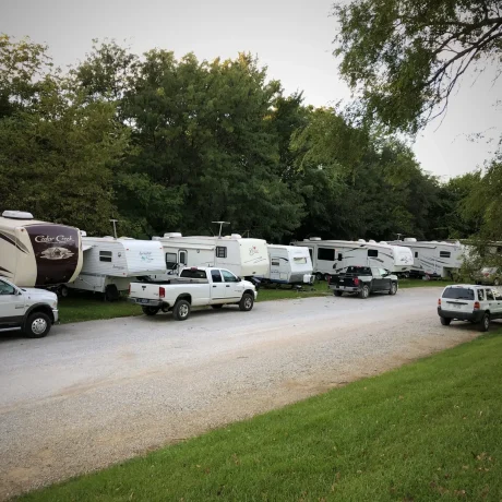 Many RVs parked at Victorian Acres RV Park & Campground in Nebraska City, NE.